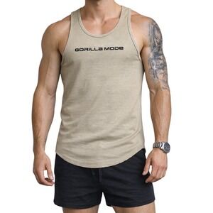 Gorilla Mode Tank Top Mens Large Tan Ribbed‎ Curved Hem Gym Fitness Streetwear